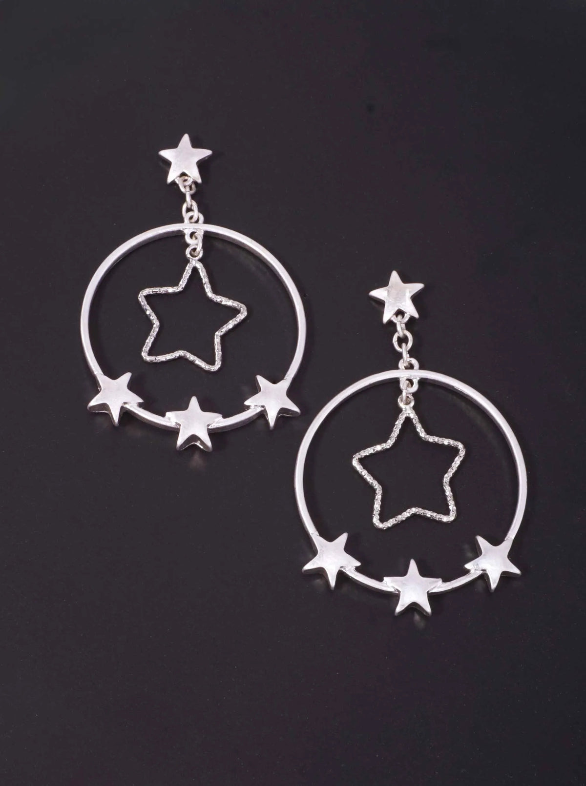 Textured Star Round Matte Post Drop Earrings - Worn Silver Rhodium