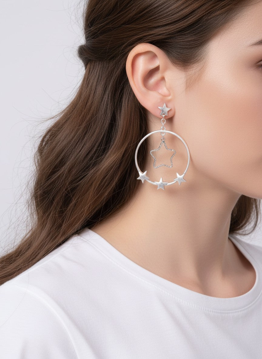 Textured Star Round Matte Post Drop Earrings - Worn Silver Rhodium
