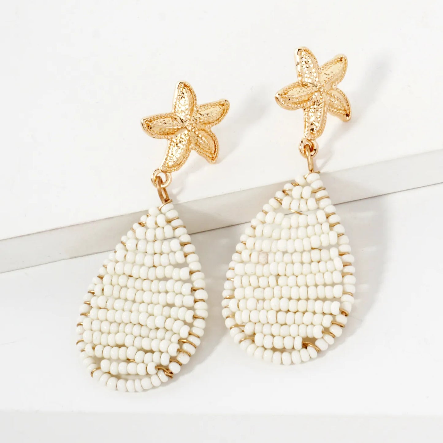 Textured Starfish Post Seed-Beaded Teardrop Drop Sea-Life Dangle Earrings