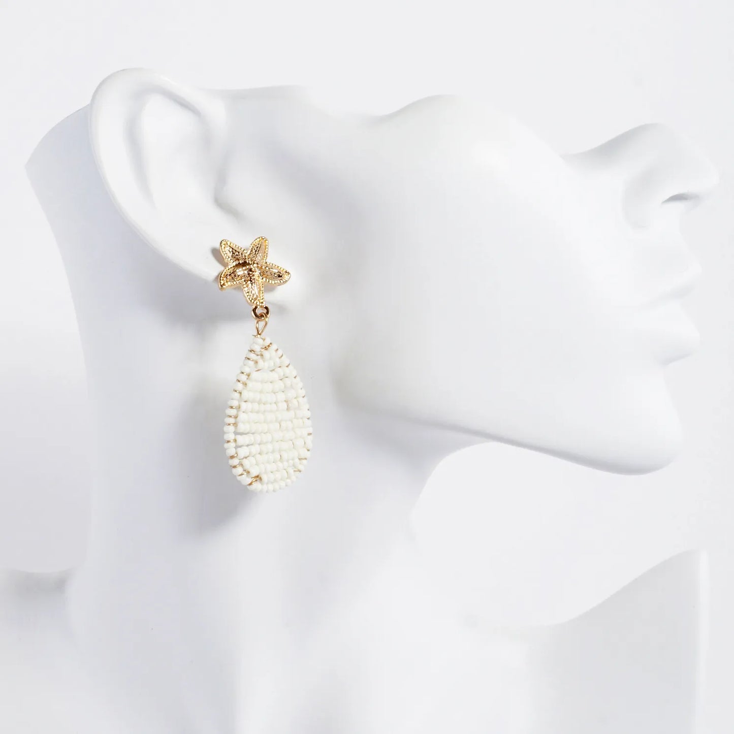 Textured Starfish Post Seed-Beaded Teardrop Drop Sea-Life Dangle Earrings