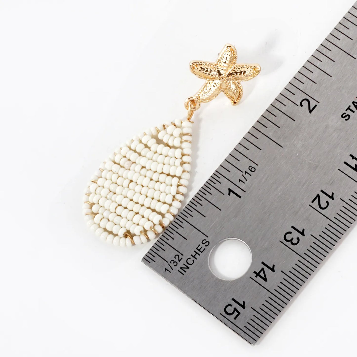 Textured Starfish Post Seed-Beaded Teardrop Drop Sea-Life Dangle Earrings