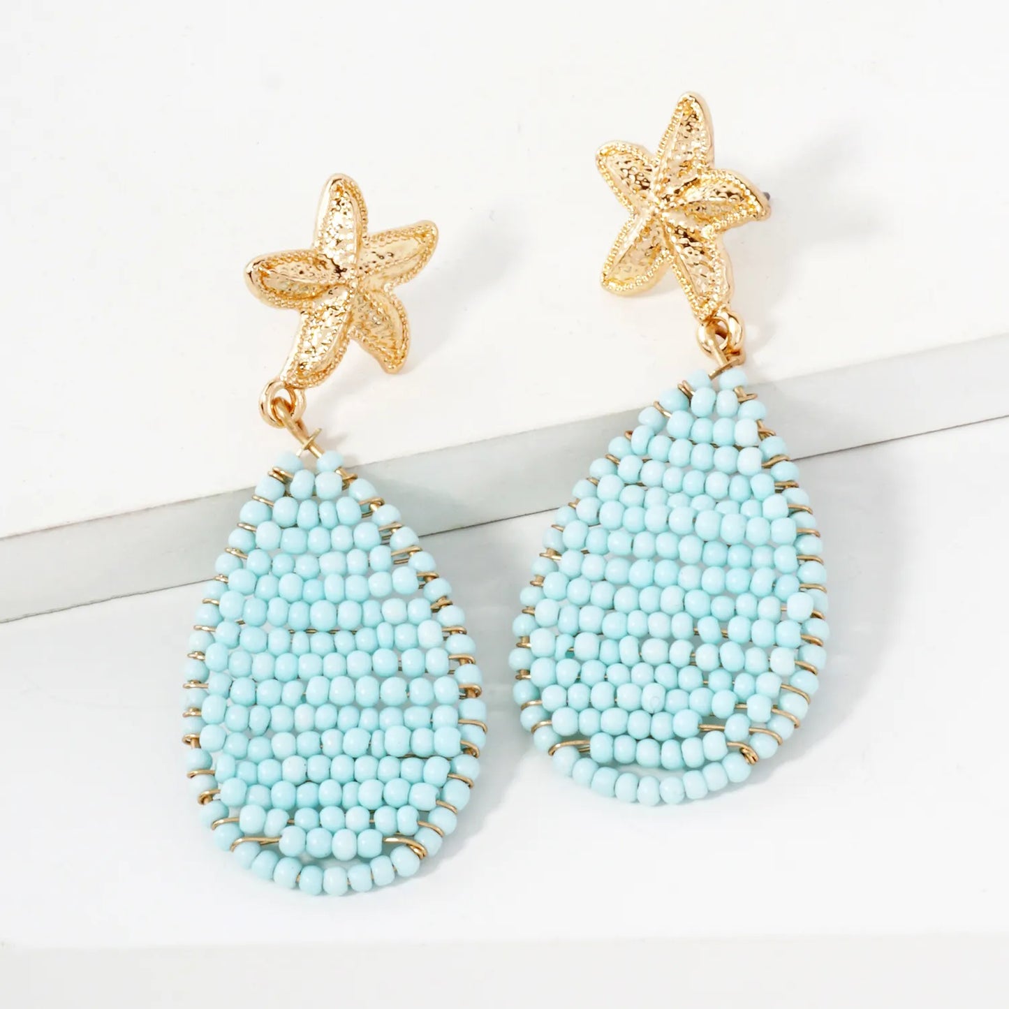Textured Starfish Post Seed-Beaded Teardrop Drop Sea-Life Dangle Earrings