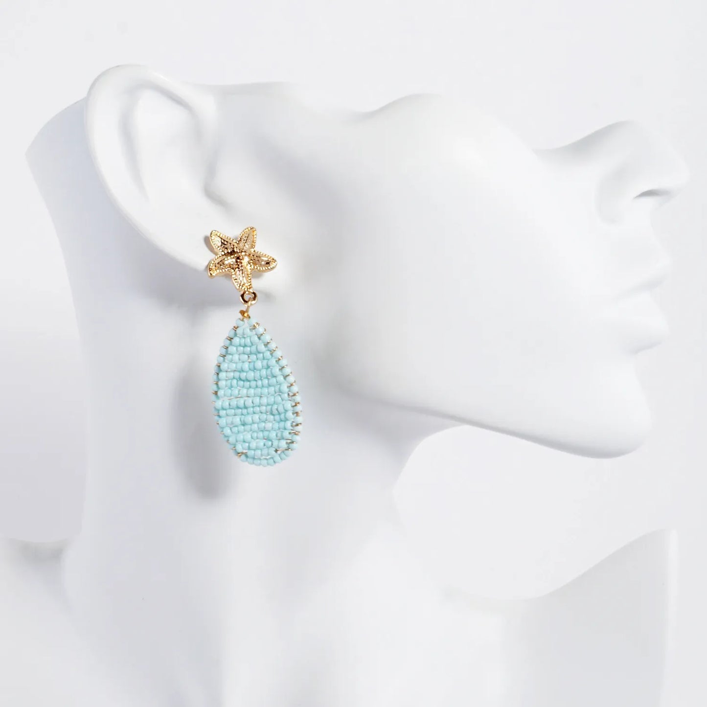 Textured Starfish Post Seed-Beaded Teardrop Drop Sea-Life Dangle Earrings