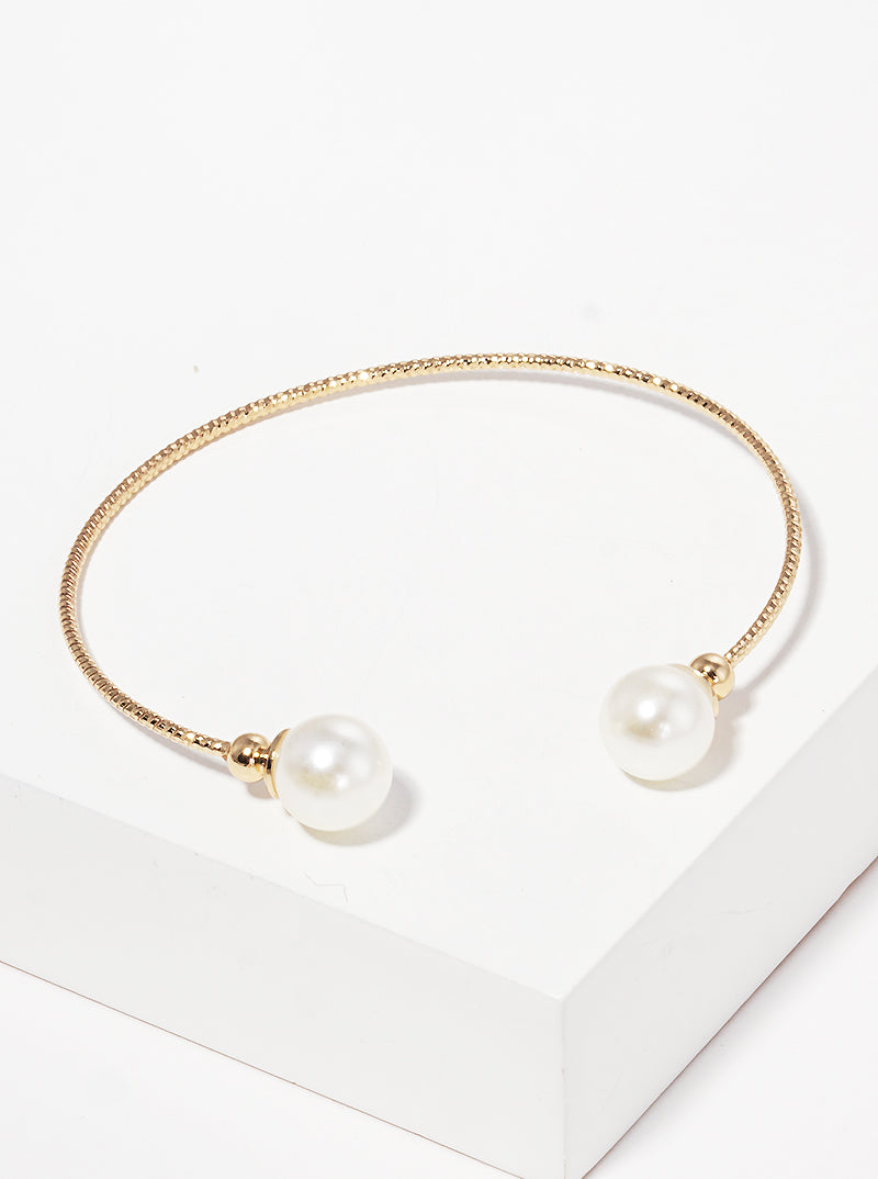 Textured Steel Wire Cuff Bracelet With Glass Pearl Beads