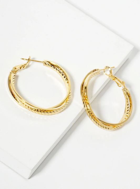 Textured Three Overlapping 14K-Gold-Dipped 30mm Latch-Back Hoop Earrings