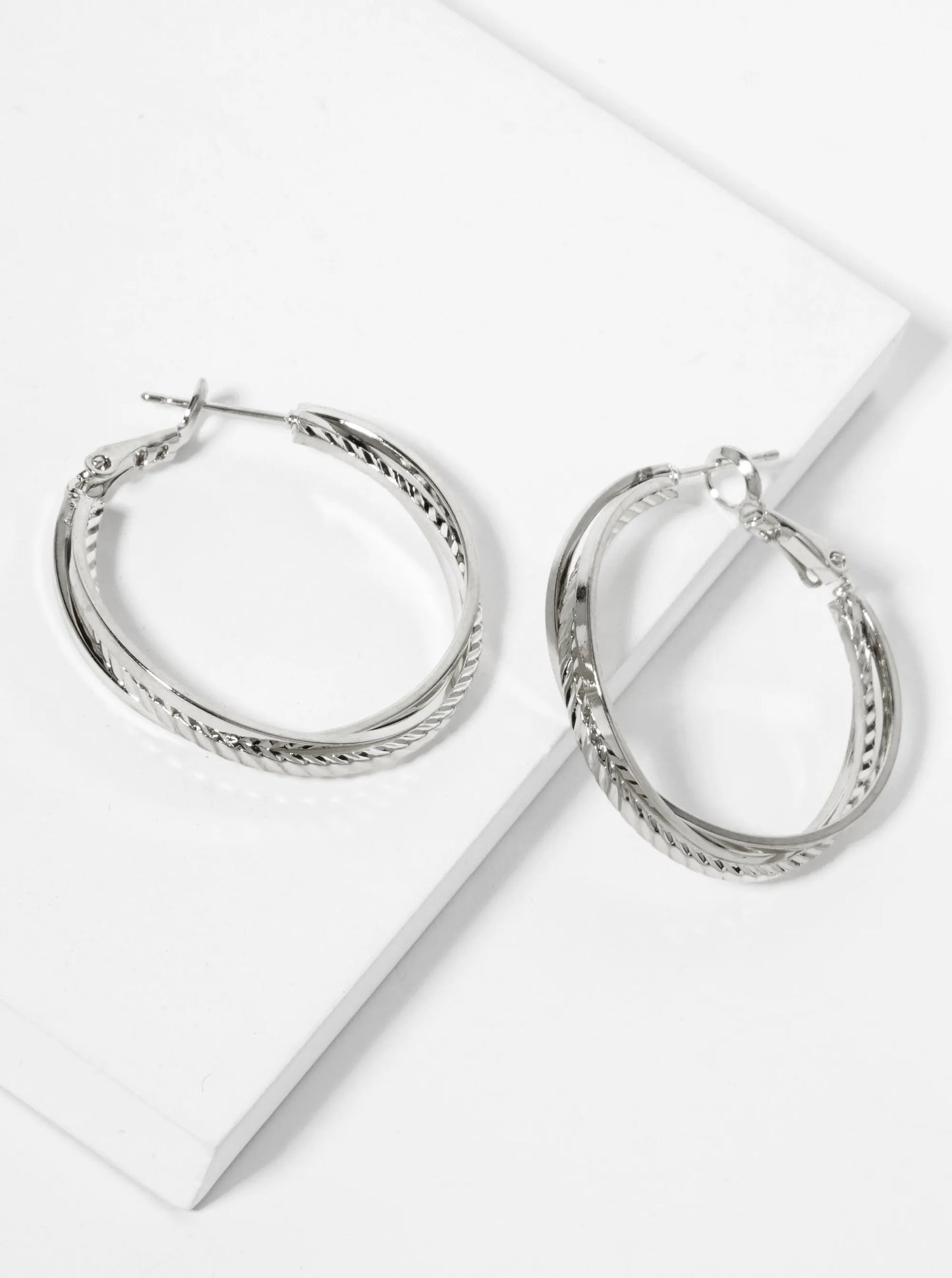 Textured Three Overlapping 30mm Latch Back Hoop Earrings