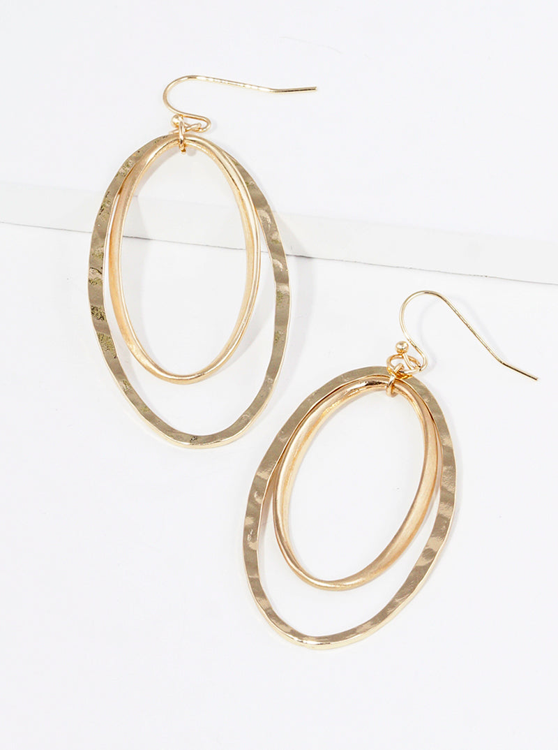 Textured Double Oval Metal Dangle Drop Earrings