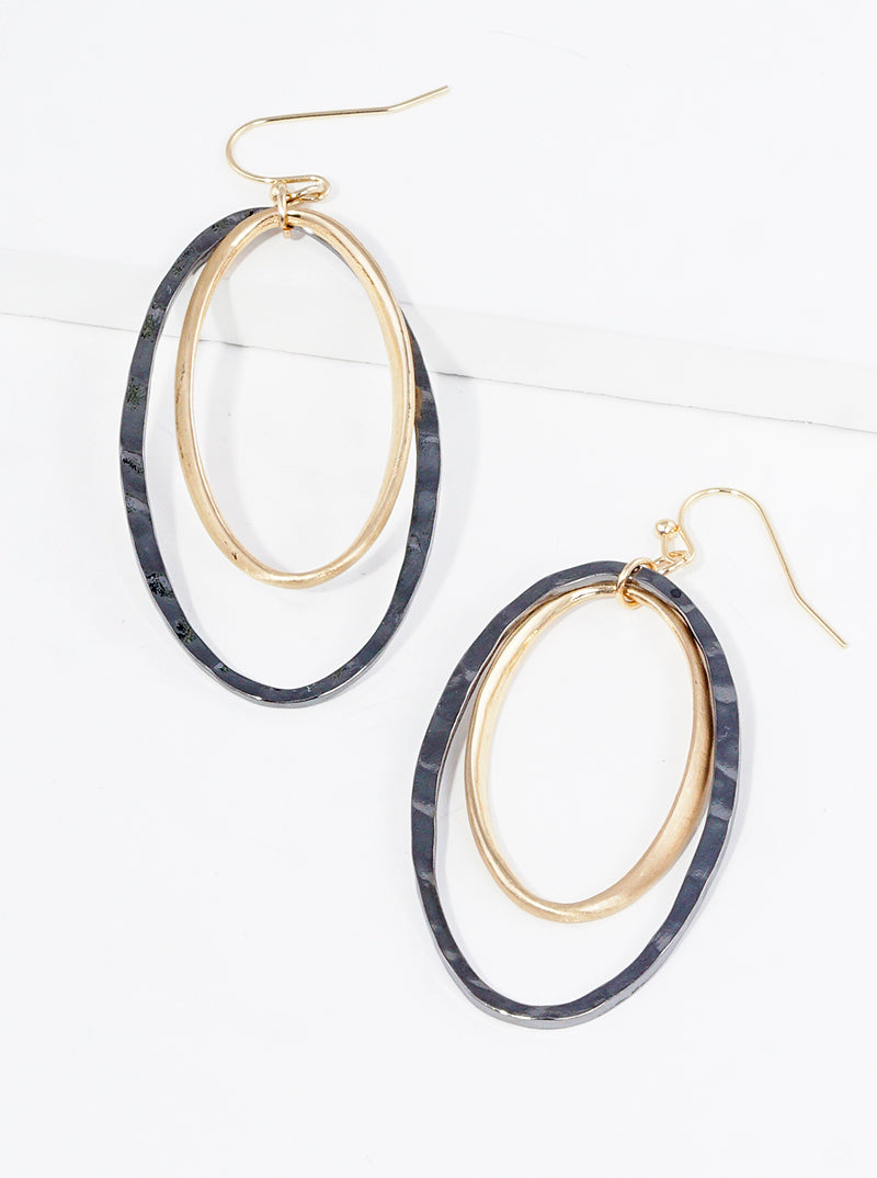 Textured Double Oval Metal Dangle Drop Earrings