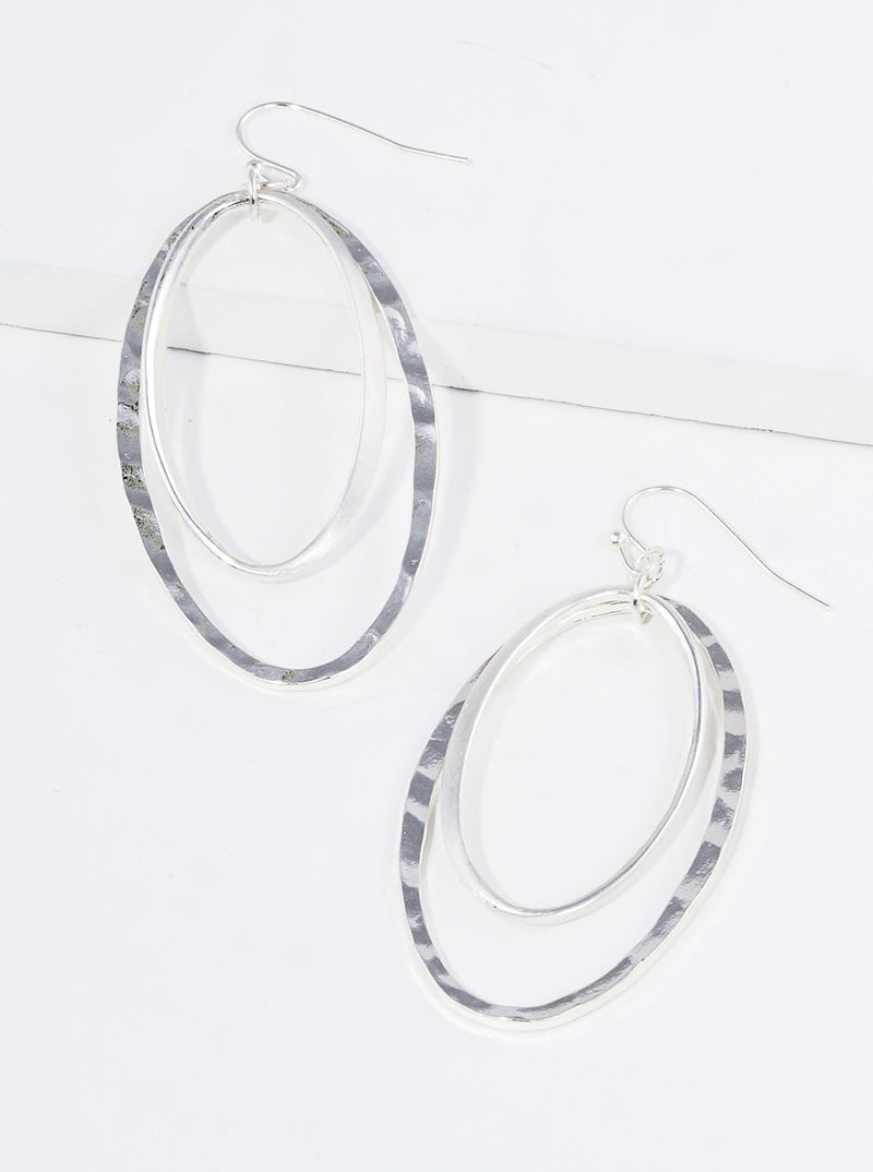 Textured Double Oval Metal Dangle Drop Earrings