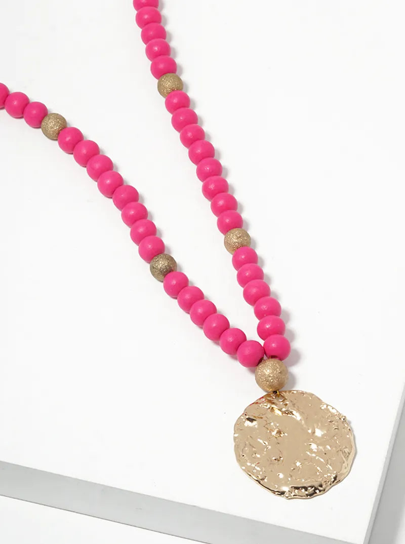 Textured Metal Disc Pendant Wood Beaded Long Necklace