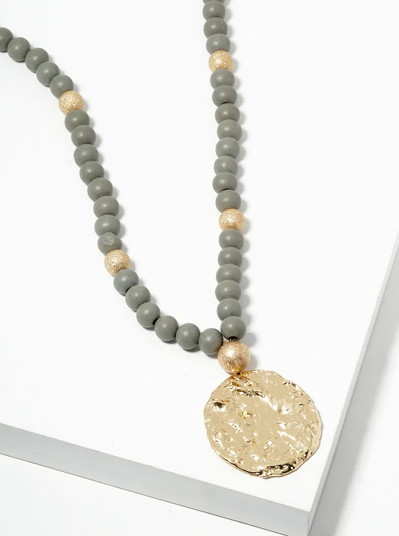 Textured Metal Disc Pendant Wood Beaded Long Necklace