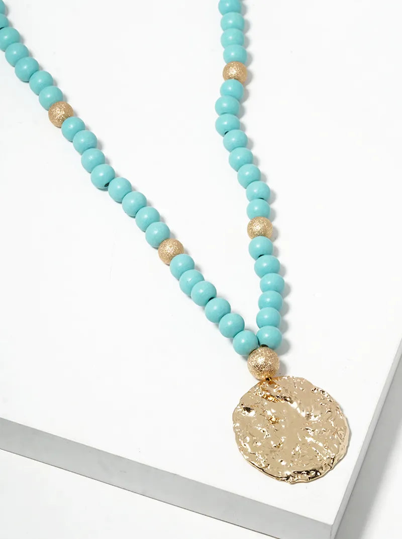 Textured Metal Disc Pendant Wood Beaded Long Necklace
