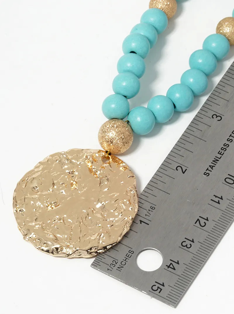 Textured Metal Disc Pendant Wood Beaded Long Necklace