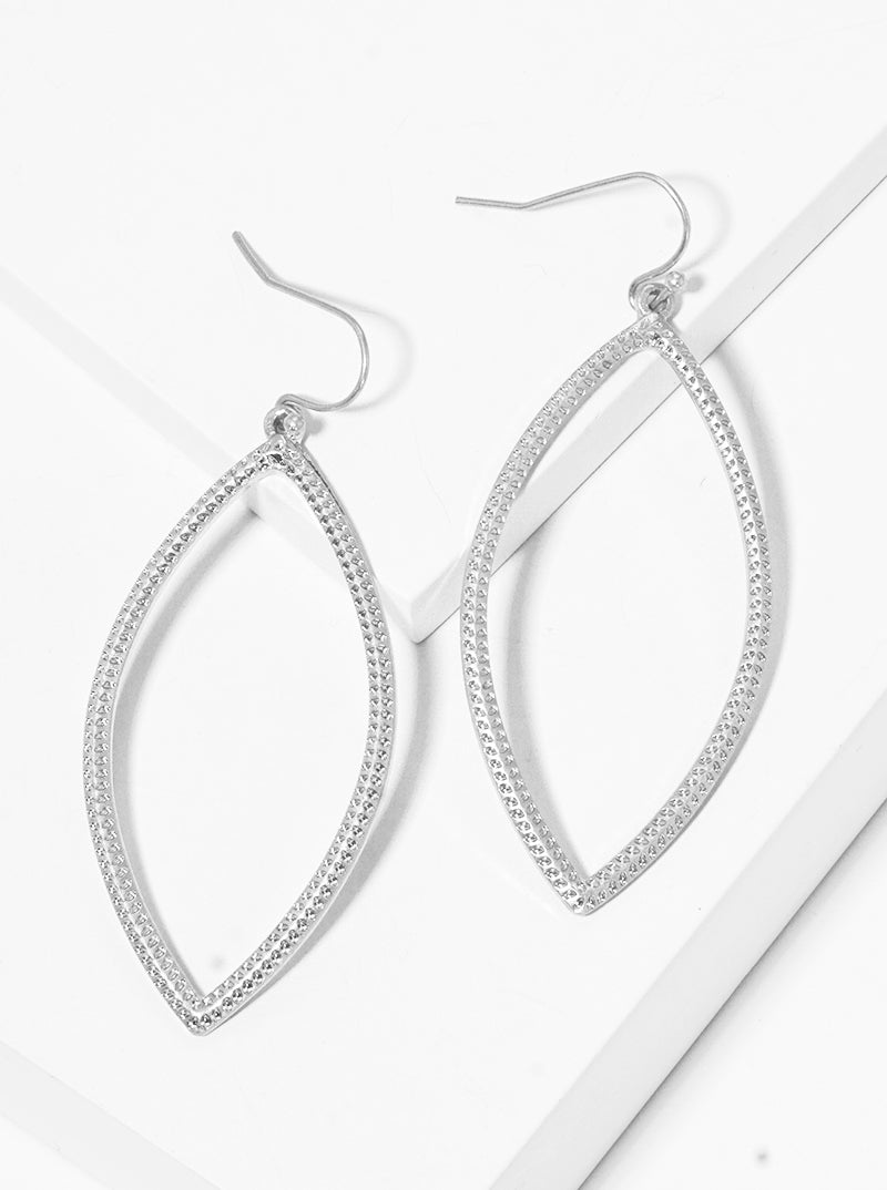 Textured Metal Marquise Shape Dangle Drop Earrings Worn silver