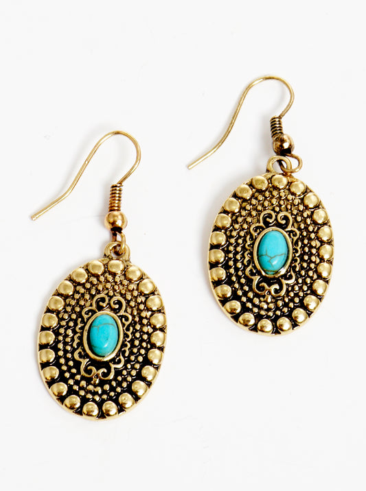 Textured Metal Oval Shape With Turquoise Dangle Drop Earrings