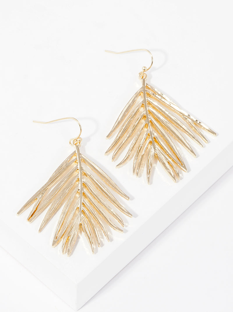 Textured Metal Palm Leaves Dangle Drop Earrings