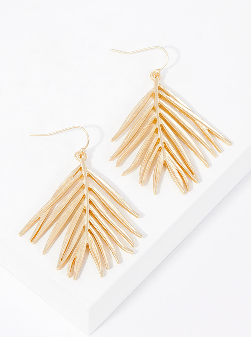 Textured Metal Palm Leaves Dangle Drop Earrings
