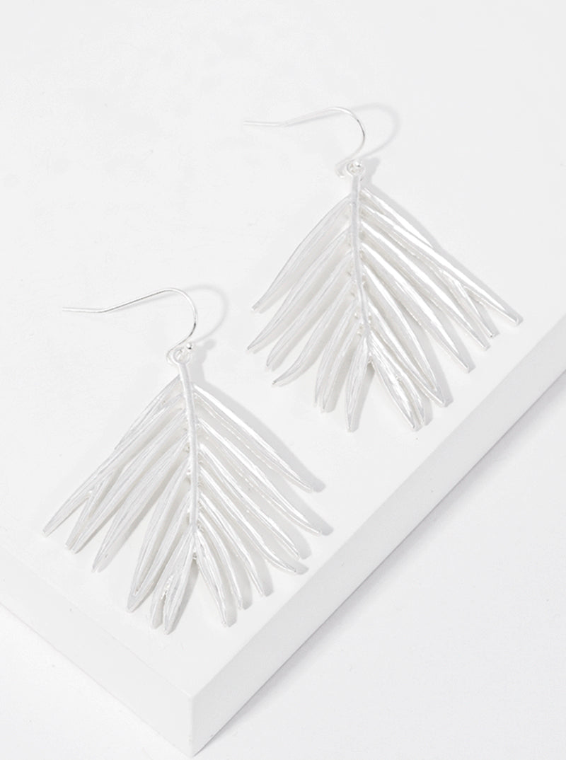 Textured Metal Palm Leaves Dangle Drop Earrings