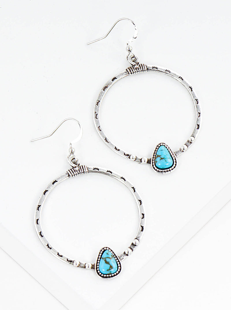 Textured Metal Round Shape With Turquoise Accent Fishhook Dangle Drop Earrings