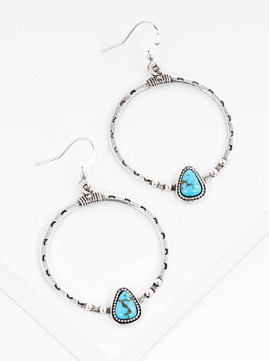 Textured Metal Round Shape With Turquoise Accent Fishhook Dangle Drop Earrings