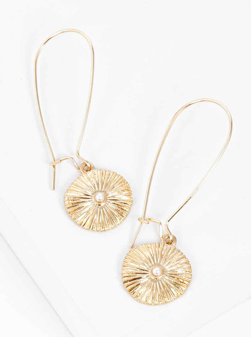 Textured Sea Urchin Fossil With Pearl Drop Kidney Wire Earrings
