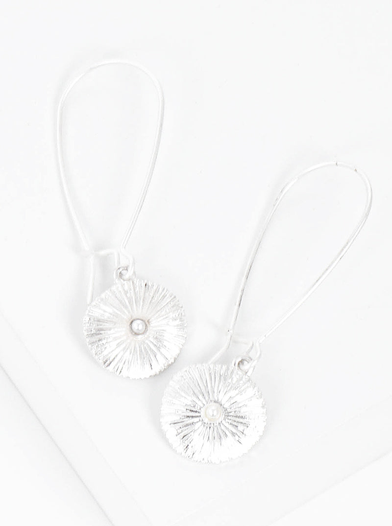 Textured Sea Urchin Fossil With Pearl Drop Kidney Wire Earrings