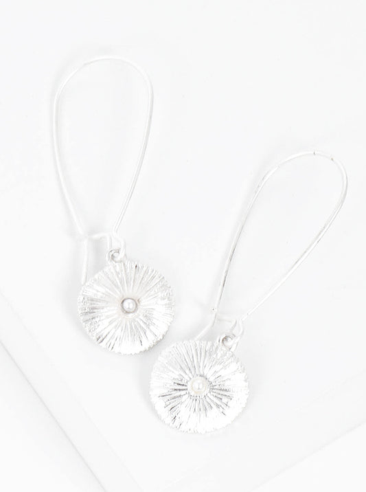 Textured Sea Urchin Fossil With Pearl Drop Kidney Wire Earrings