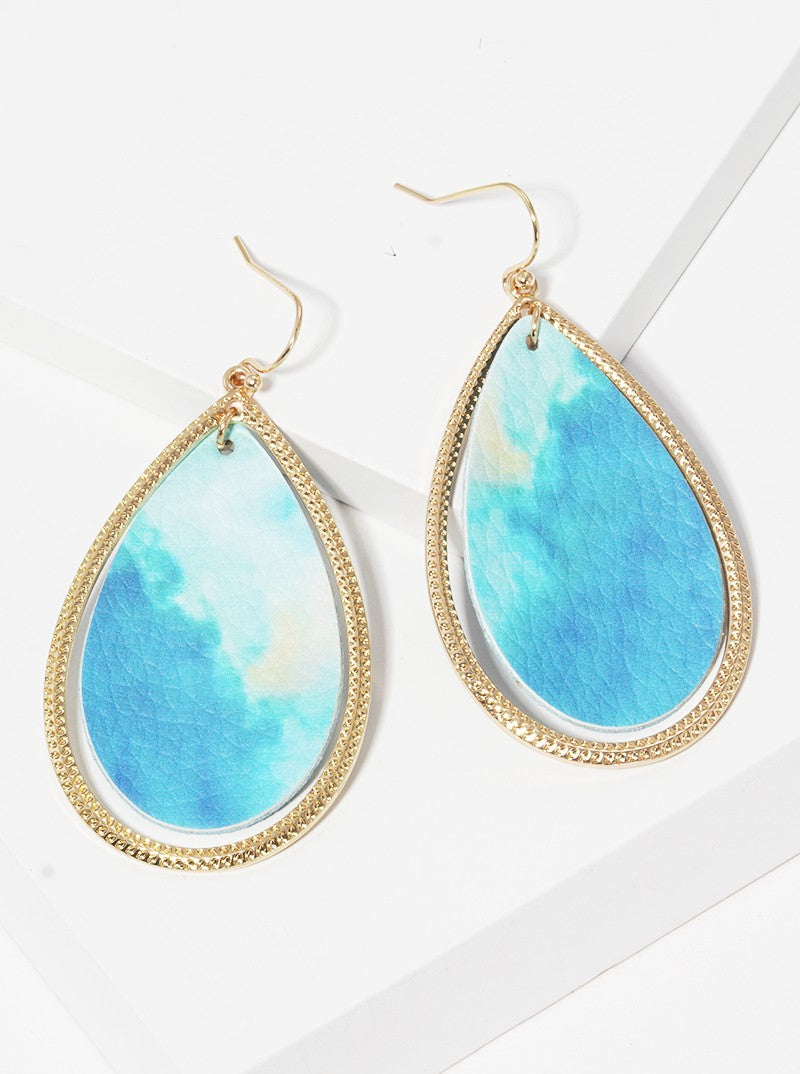 Textured Teardrop With Leatherette Fishhook Dangle Drop Earrings