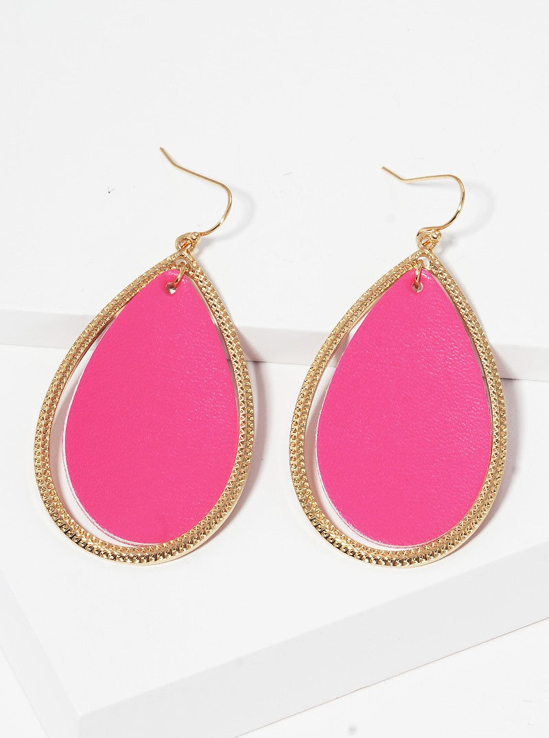 Textured Teardrop With Leatherette Fishhook Dangle Drop Earrings