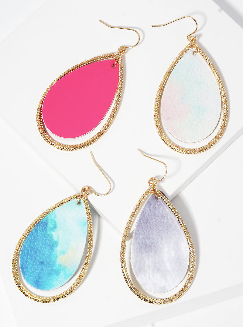 Textured Teardrop With Leatherette Fishhook Dangle Drop Earrings