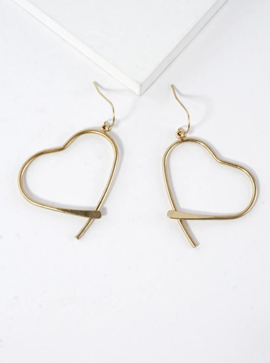 Thin Brass Heart Drop Earrings