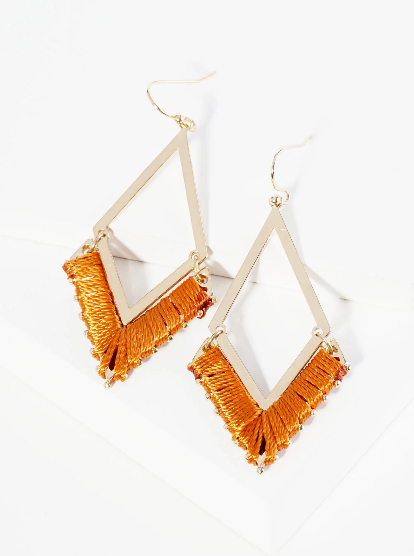 Thread Wrapped Rhombus Shape Geometric Dangle Earrings