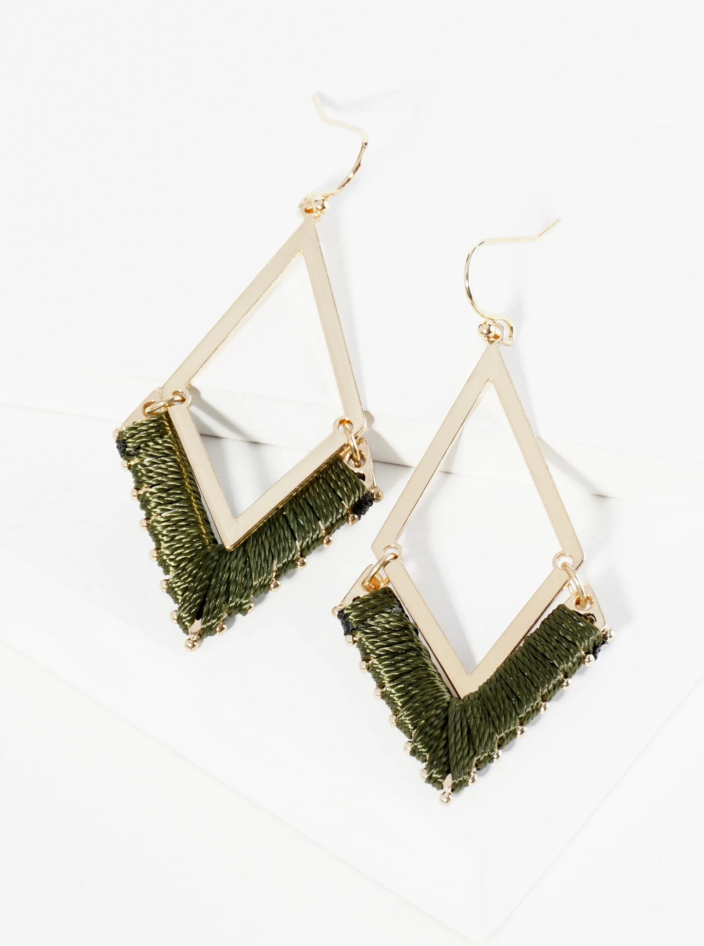 Thread Wrapped Rhombus Shape Geometric Dangle Earrings