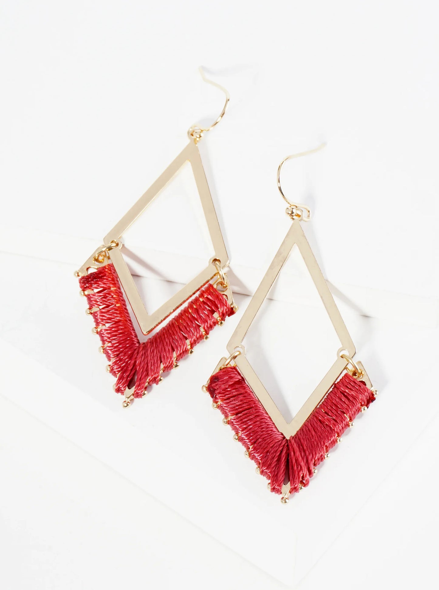 Thread Wrapped Rhombus Shape Geometric Dangle Earrings