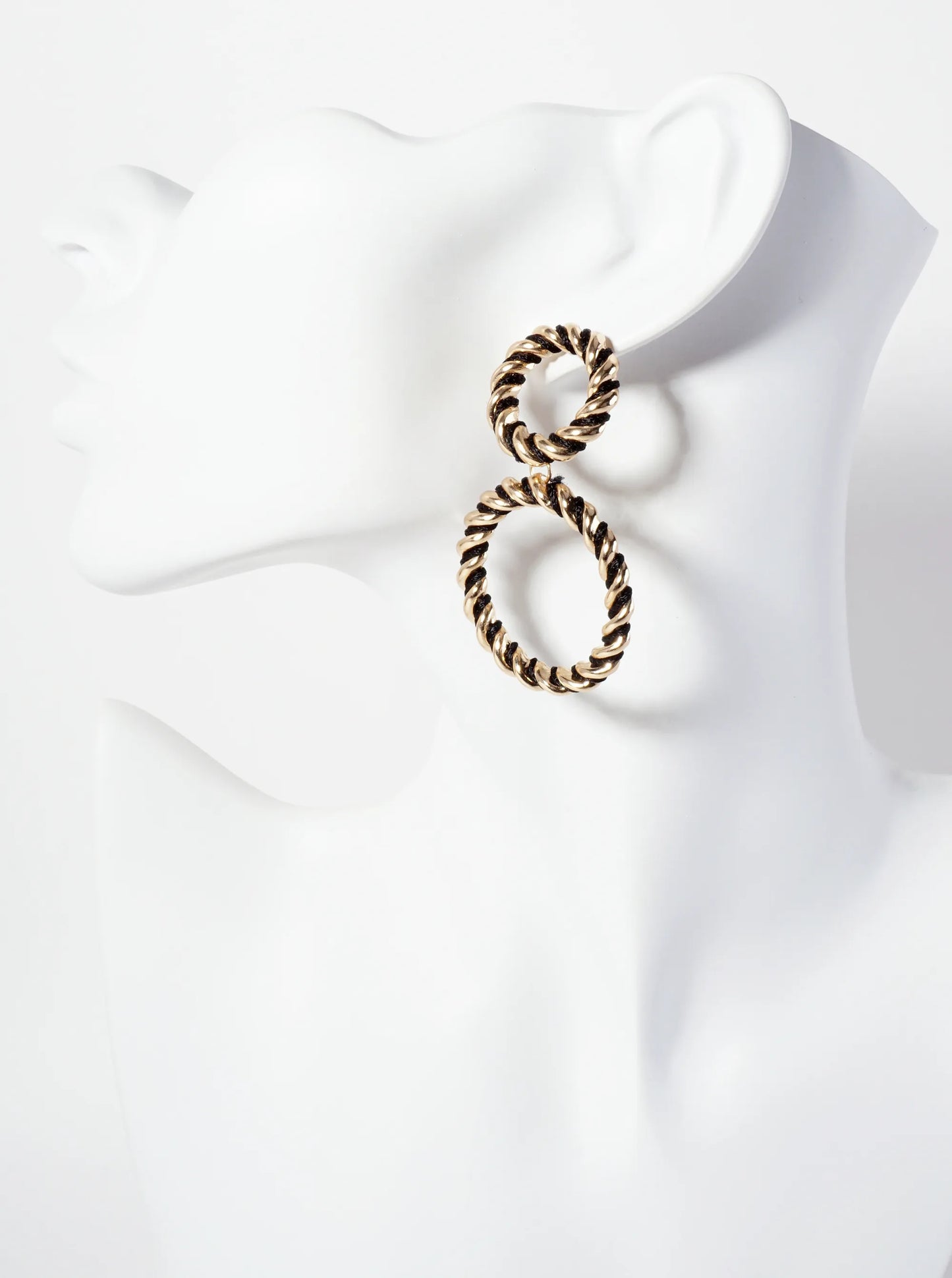 Thread-Wrapped Rope-Texture Double-Circle Drop Statement Earrings