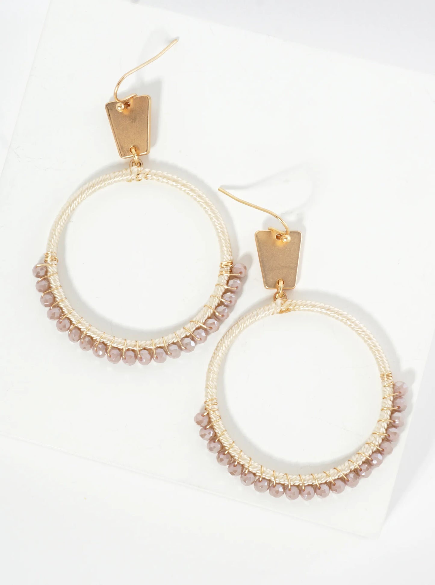 Thread And Glass Beads Wrapped Circle Drop Earrings