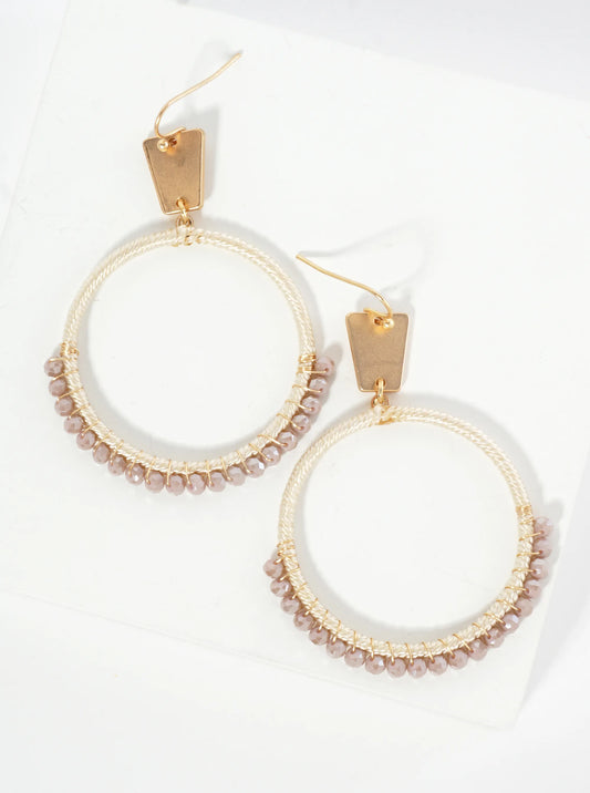 Thread And Glass Beads Wrapped Circle Drop Earrings