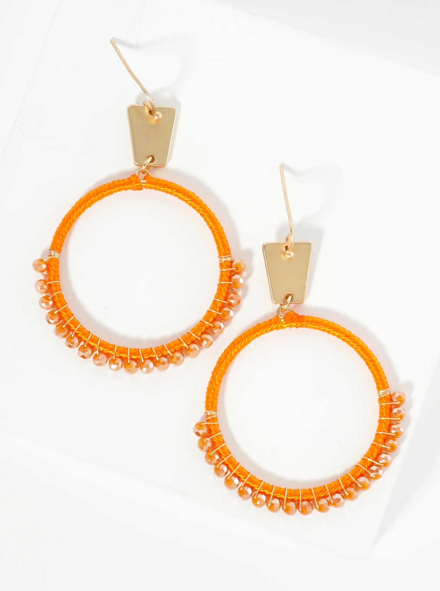 Thread And Glass Beads Wrapped Circle Drop Earrings