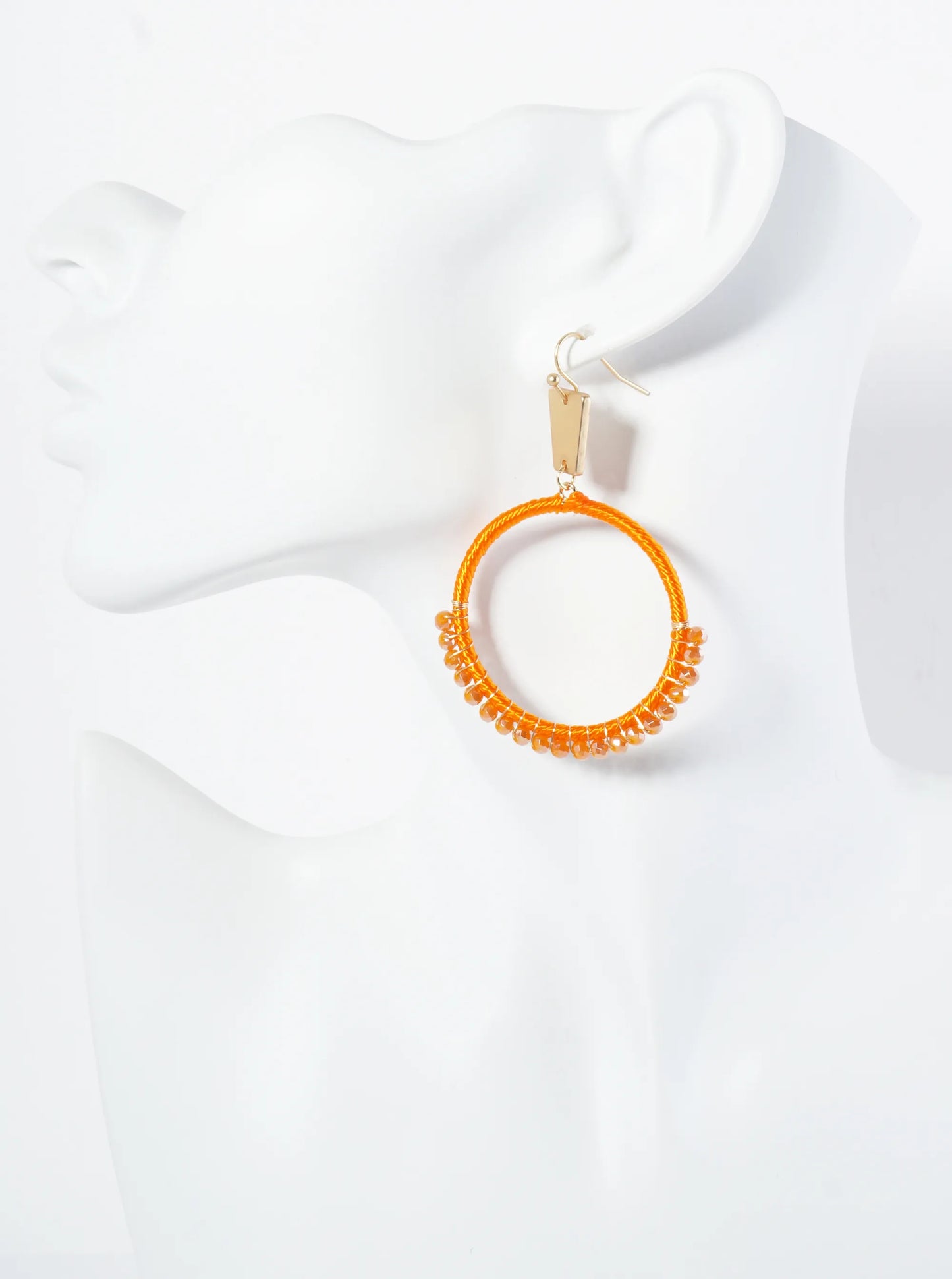 Thread And Glass Beads Wrapped Circle Drop Earrings