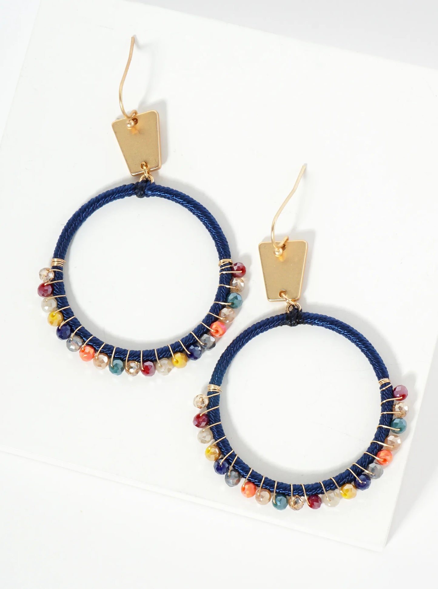 Thread And Glass Beads Wrapped Circle Drop Earrings