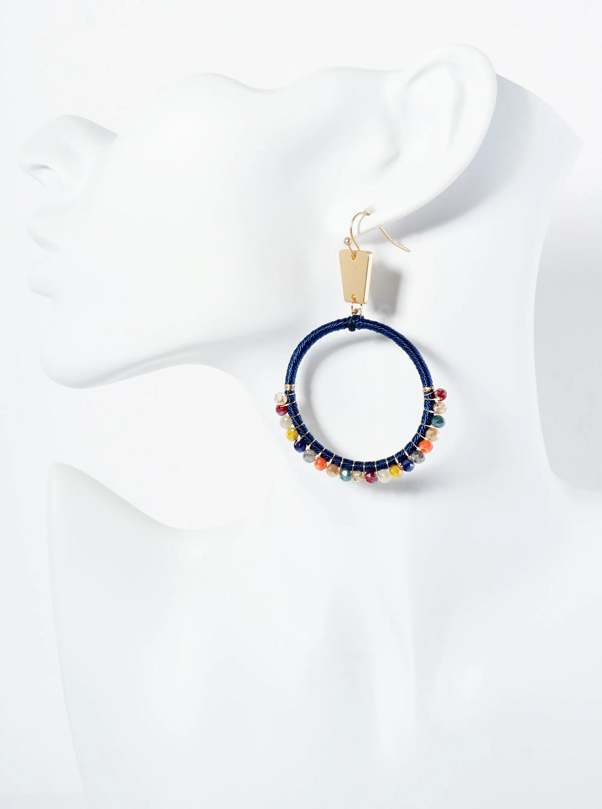 Thread And Glass Beads Wrapped Circle Drop Earrings