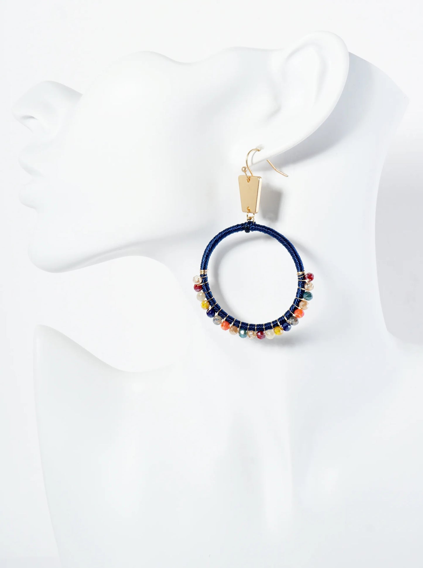 Thread And Glass Beads Wrapped Circle Drop Earrings