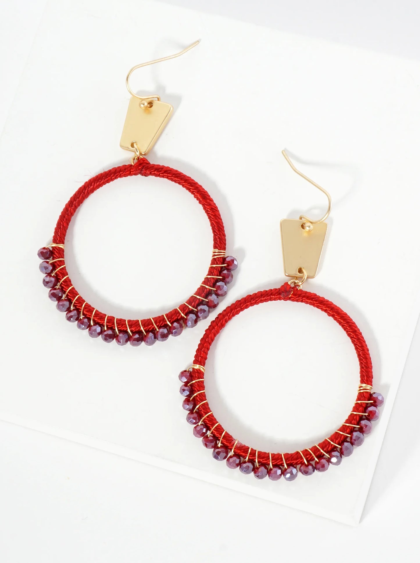 Thread And Glass Beads Wrapped Circle Drop Earrings