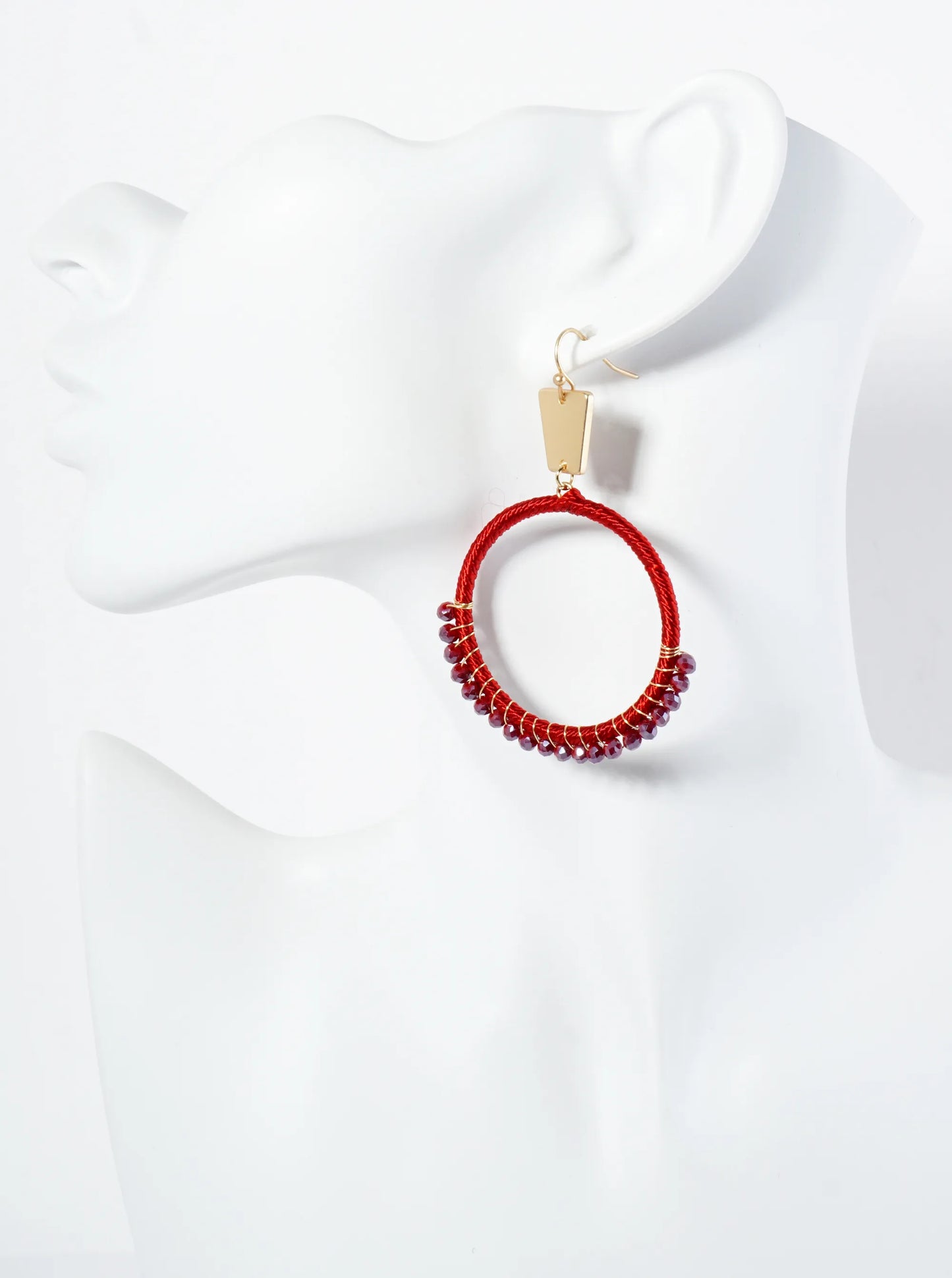 Thread And Glass Beads Wrapped Circle Drop Earrings