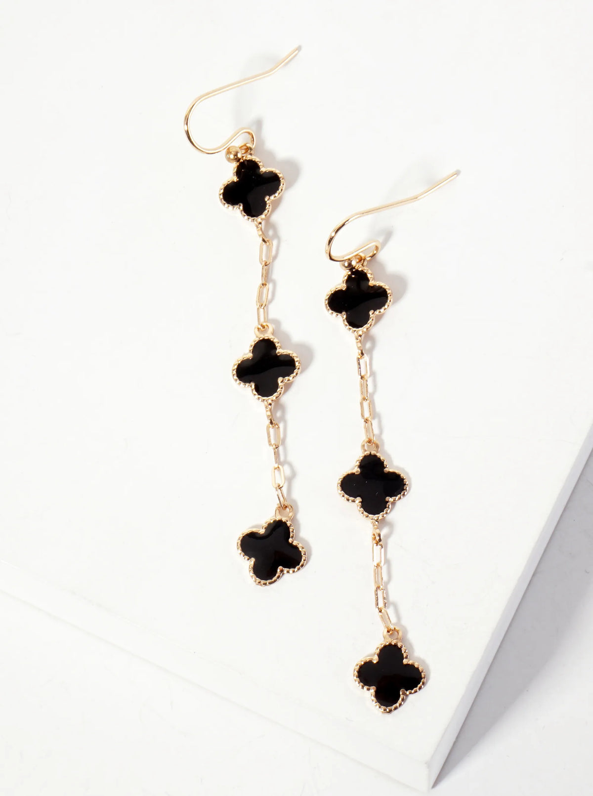 Three Enamel Quatrefoil Chain Drop Dangle Earrings