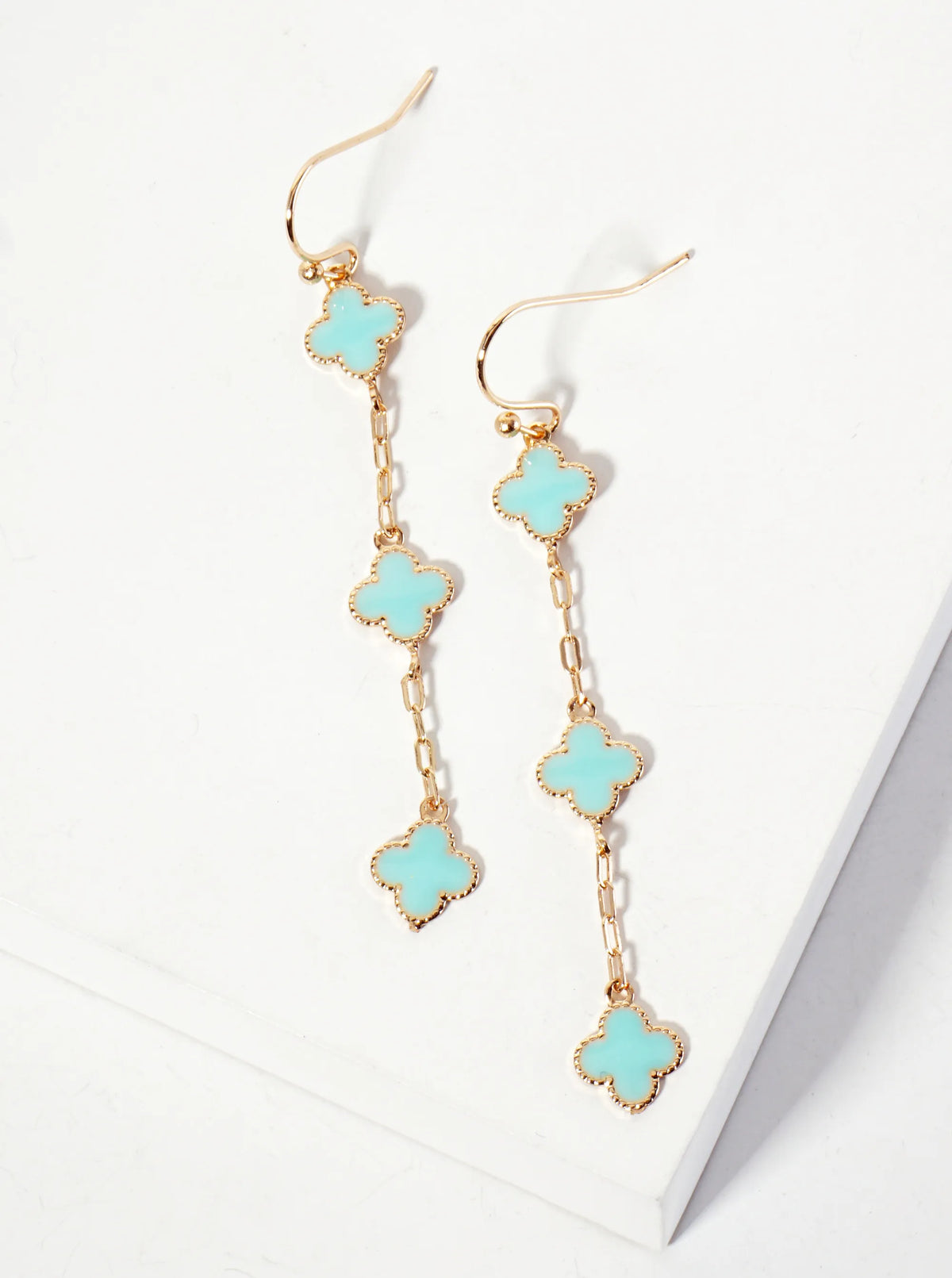 Three Enamel Quatrefoil Chain Drop Dangle Earrings