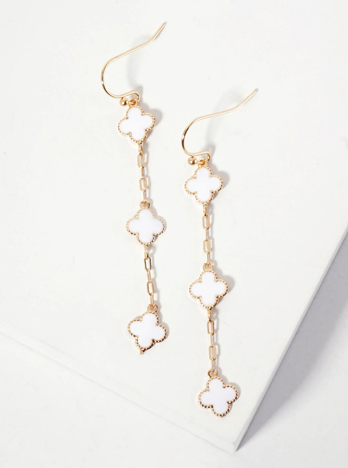 Three Enamel Quatrefoil Chain Drop Dangle Earrings