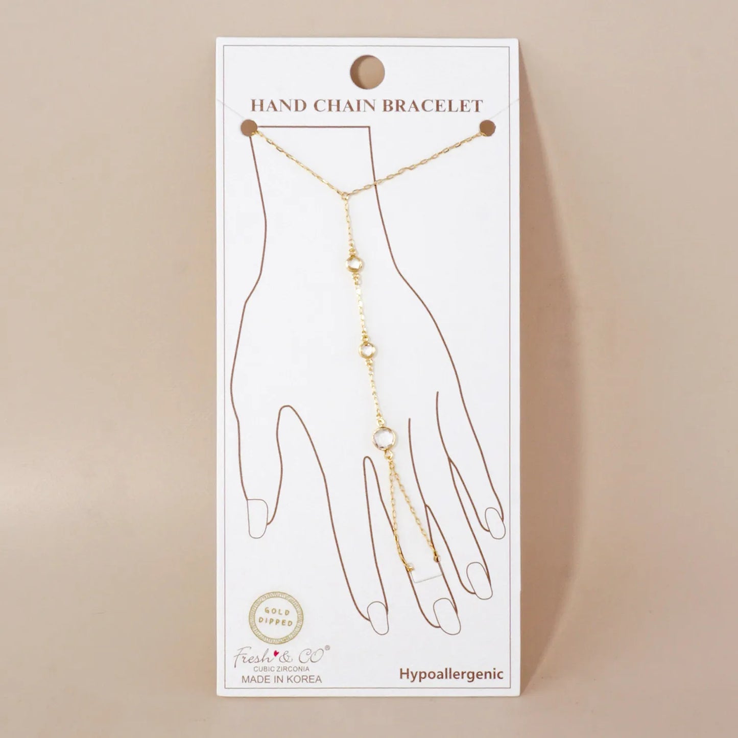 Three Faceted Round CZ Accent 18K-Gold-Dipped Delicate Brass Hand-Chain Bracelet