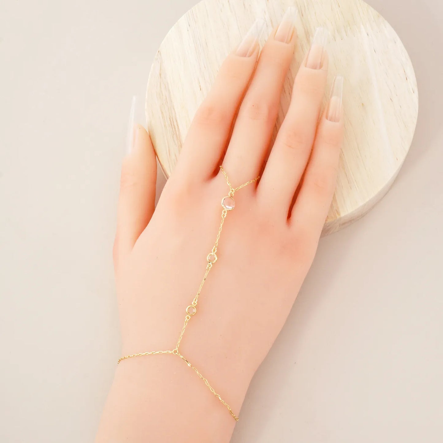 Three Faceted Round CZ Accent 18K-Gold-Dipped Delicate Brass Hand-Chain Bracelet