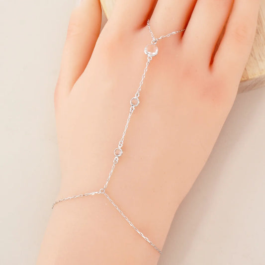 Three Faceted Round CZ Accent 18K-Gold-Dipped Delicate Brass Hand-Chain Bracelet
